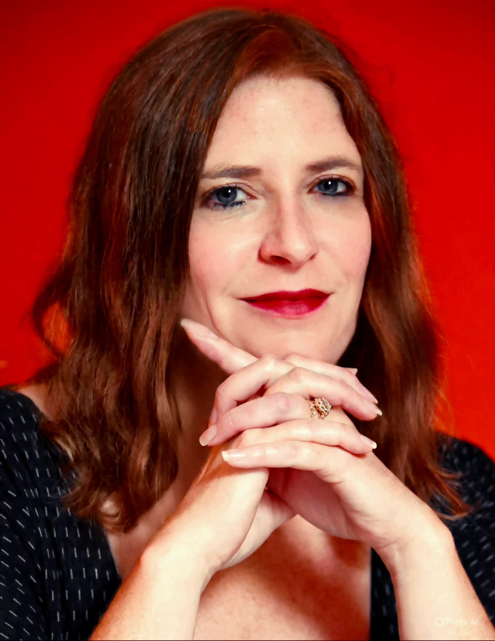 Alison Heck headshot looking at the camera with a smile and a red background.