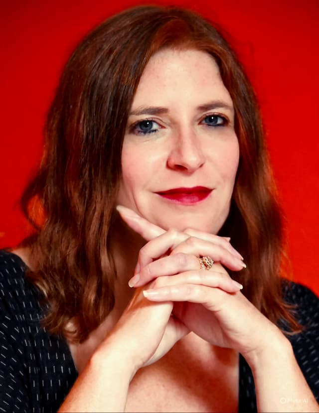 Alison Heck headshot looking at the camera with a smile and a red background.
