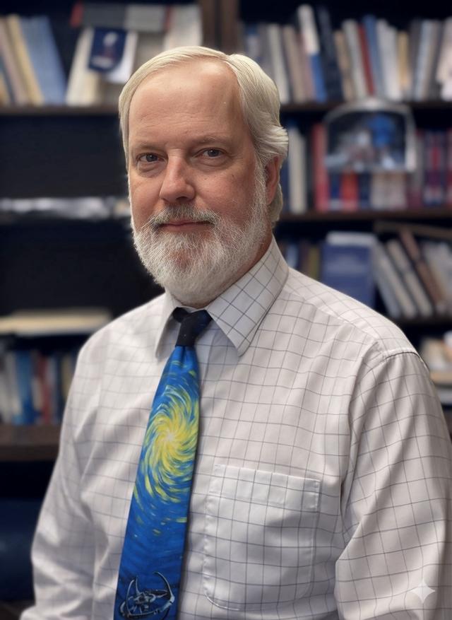John Heyrman portrait wearing a tie and a dress up shirt with background of bookshelves.
