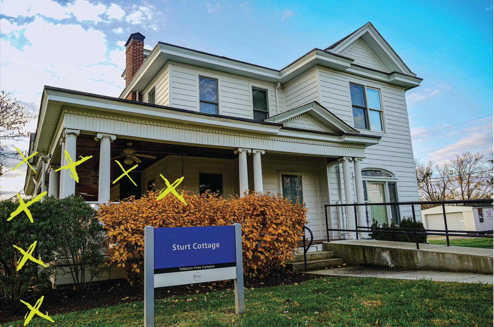 The front of Sturt Cottage in the fall.
