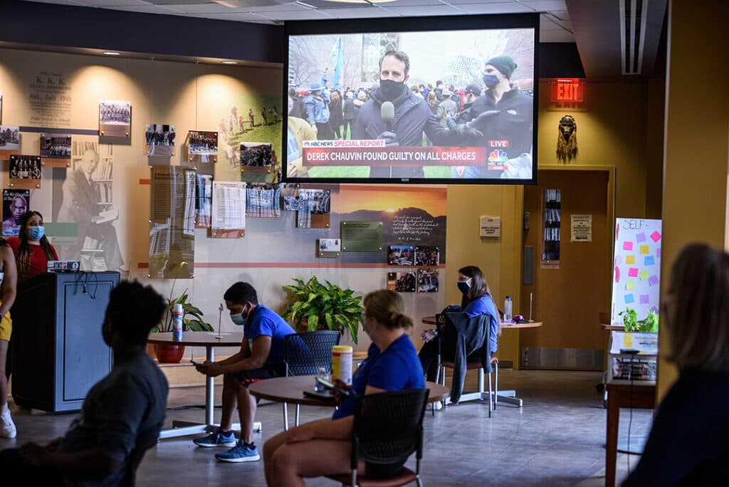 Photo of Students gathered in the Carter G. Woodson Center to watch George Floyd murder trial verdict
