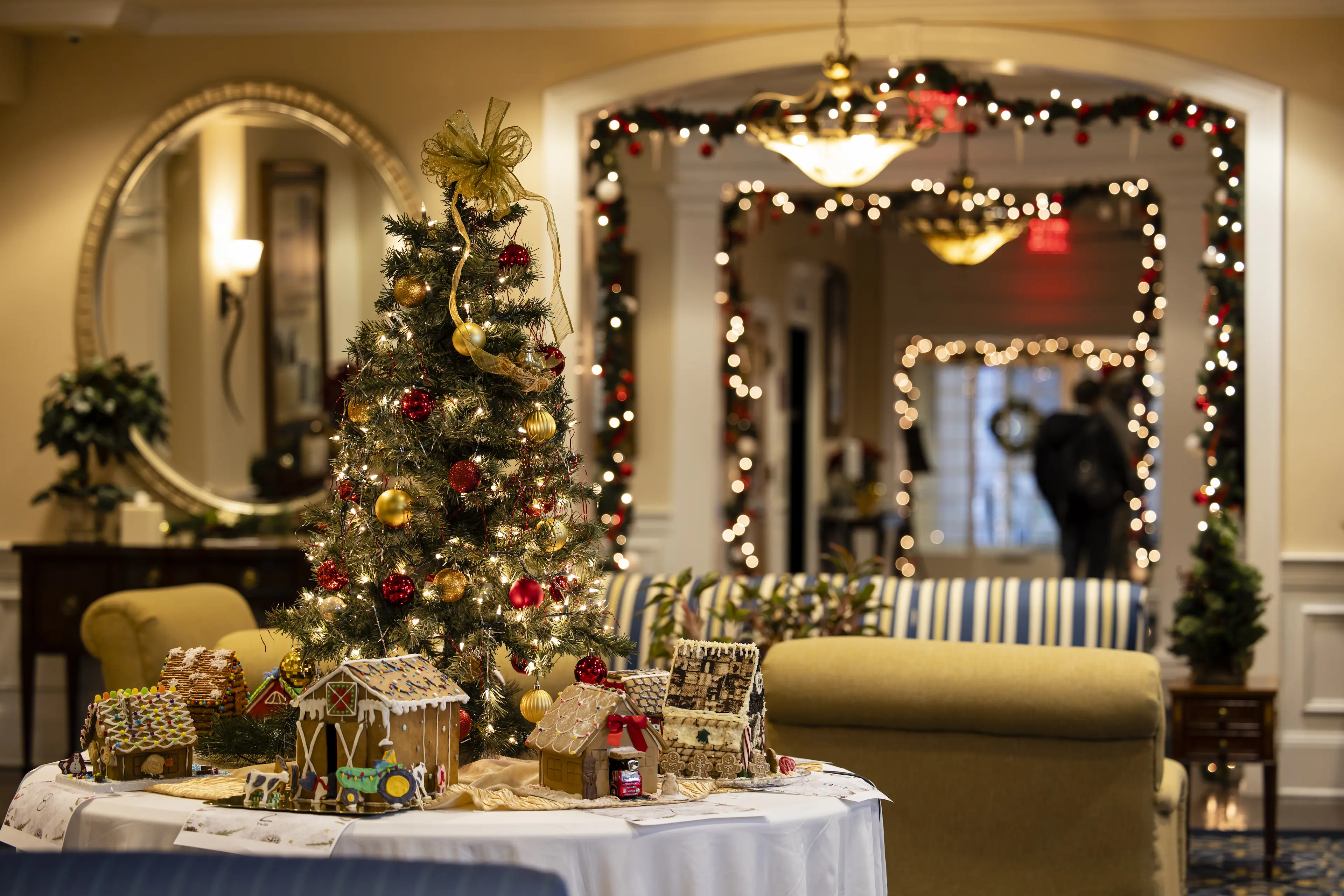 Christmas tree and village at Boone Tavern