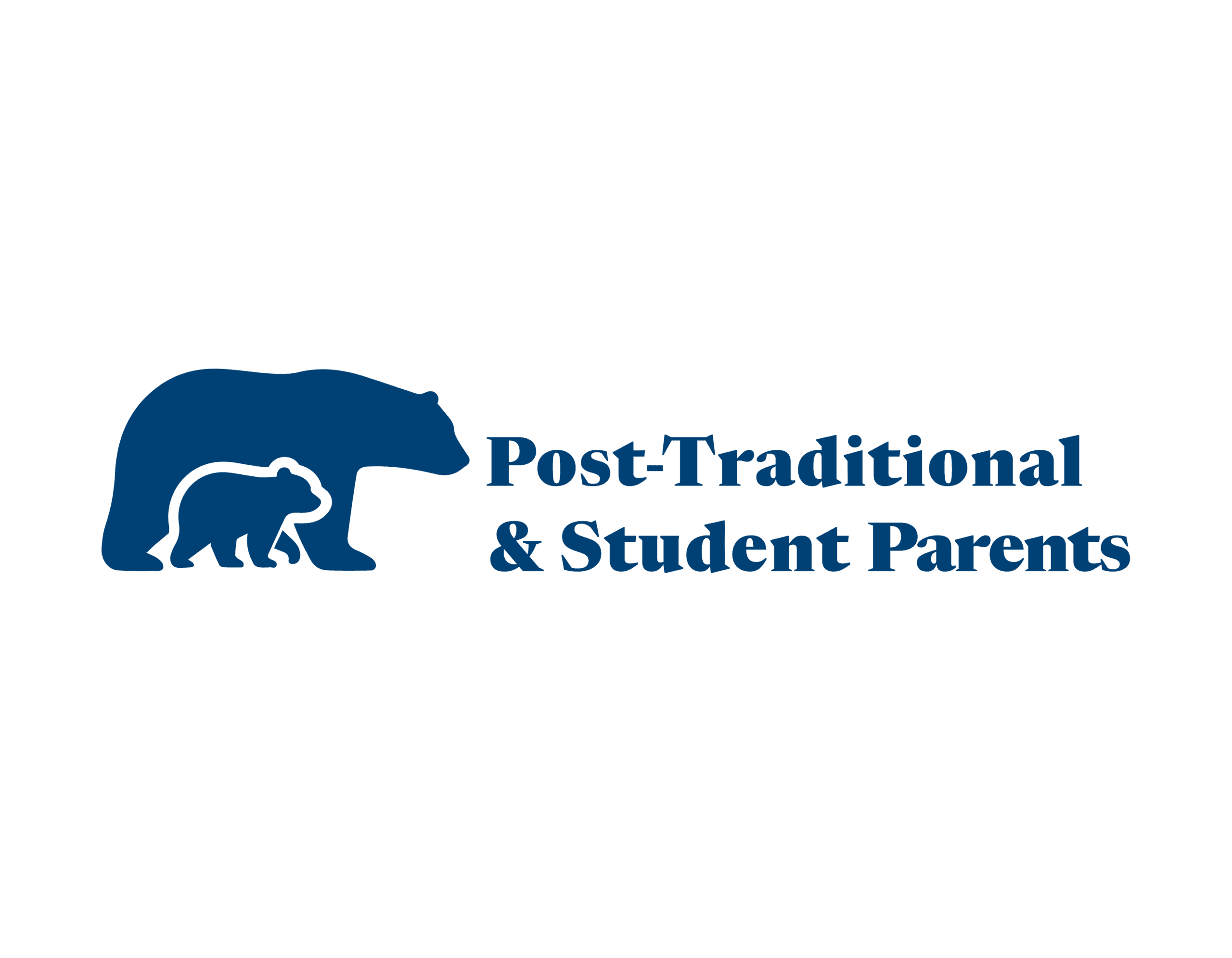 Blue logo for the "Post-Traditional & Student Parents" program featuring the outline of a bear with a bear cub.